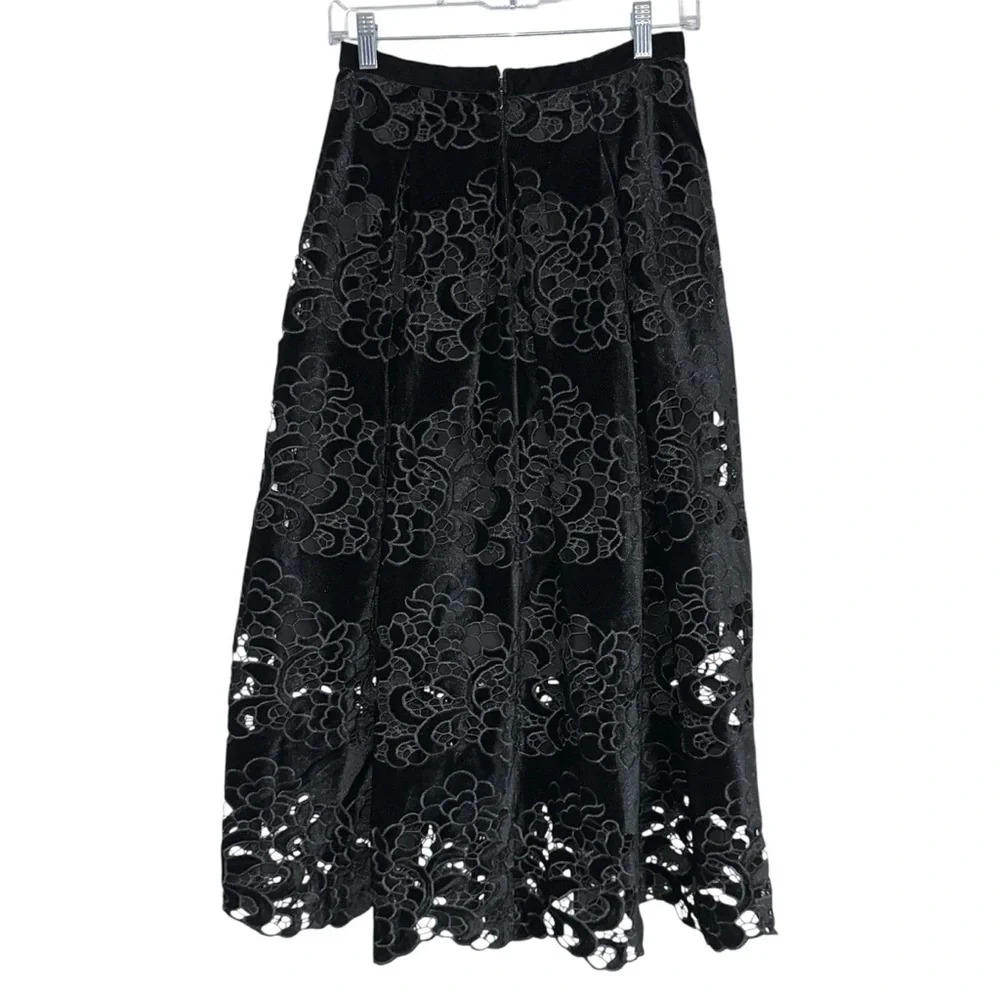 Antonio Melani Embroidered Floral Black Velvett Midi Skirt